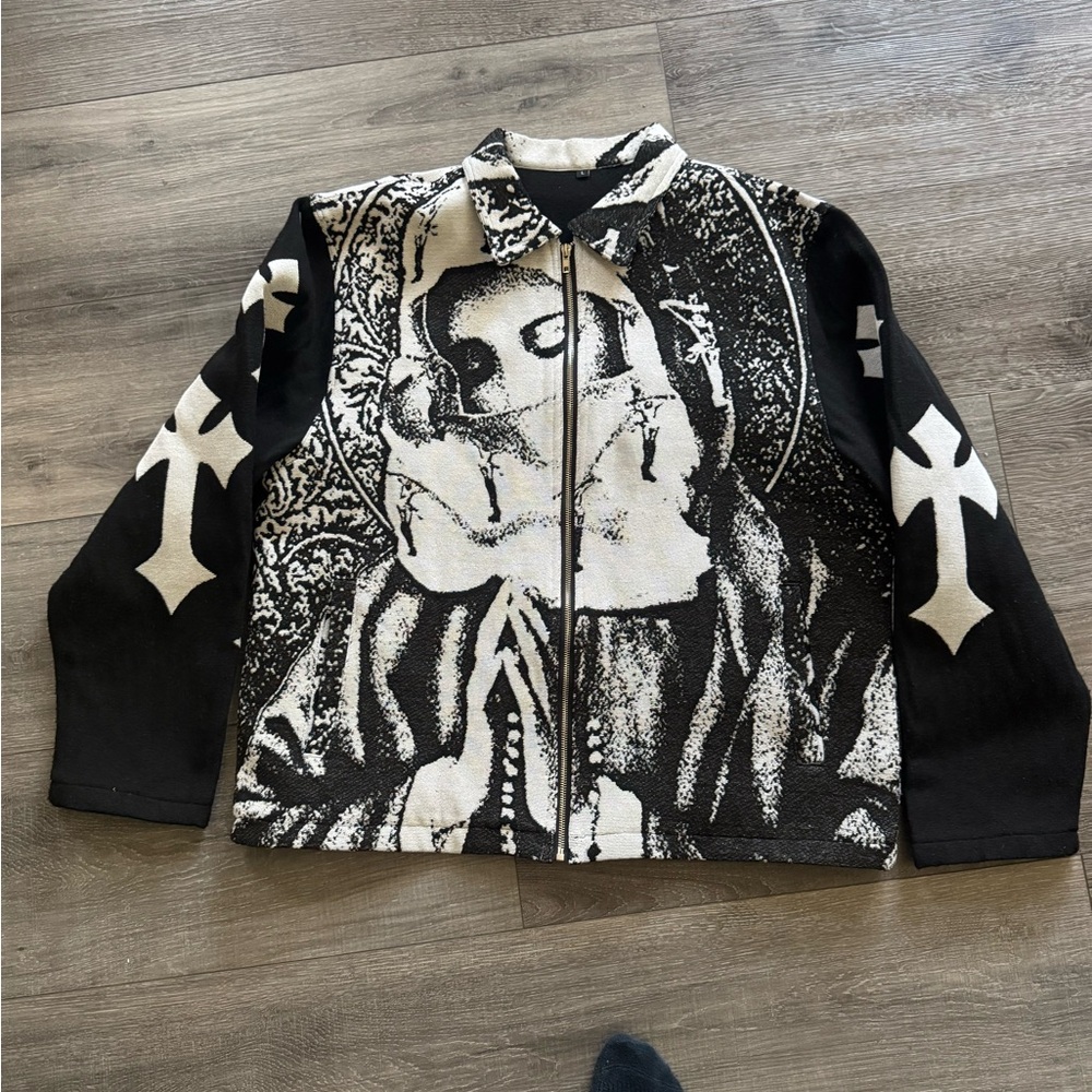 Black and White Virgin Mary Prayer Cross Rosary Tapestry Jacket Large/ XL